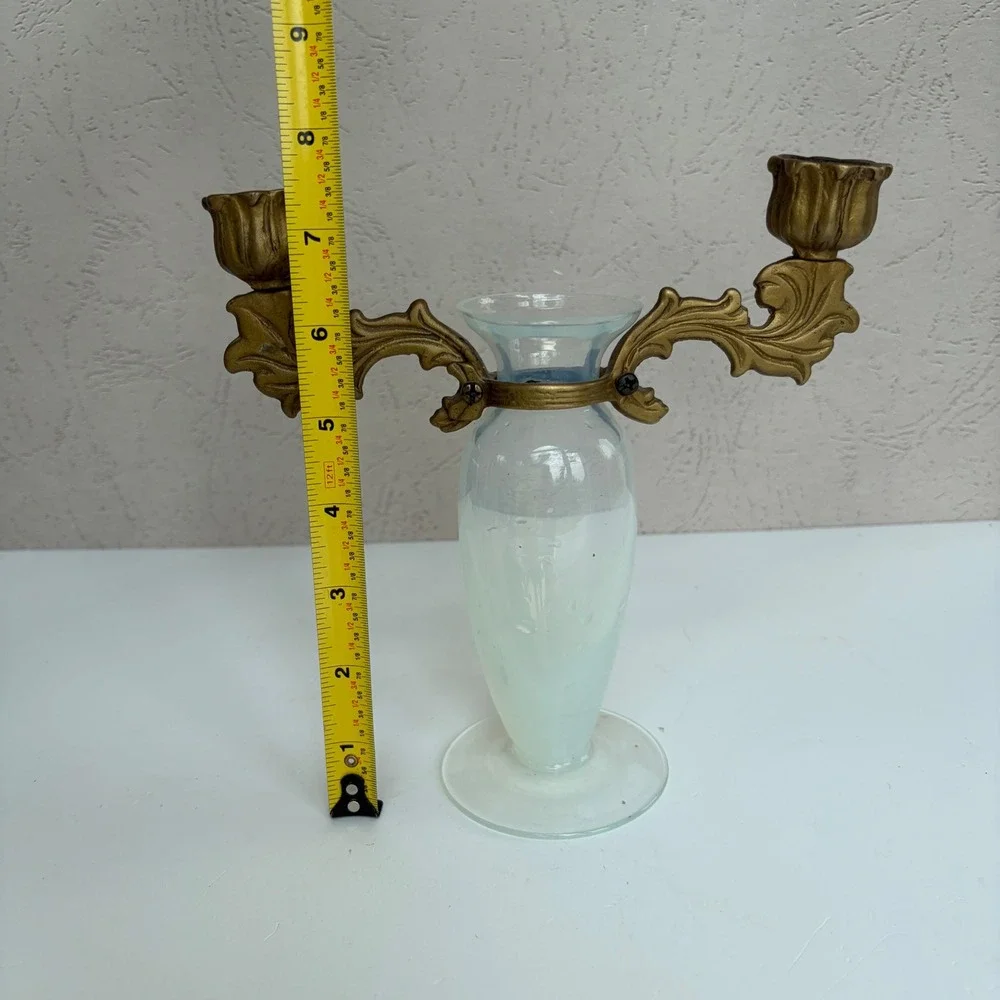 Vintage Frosted Glass Bud Vase with Ornate Brass 2-Arm Taper Candle Holder